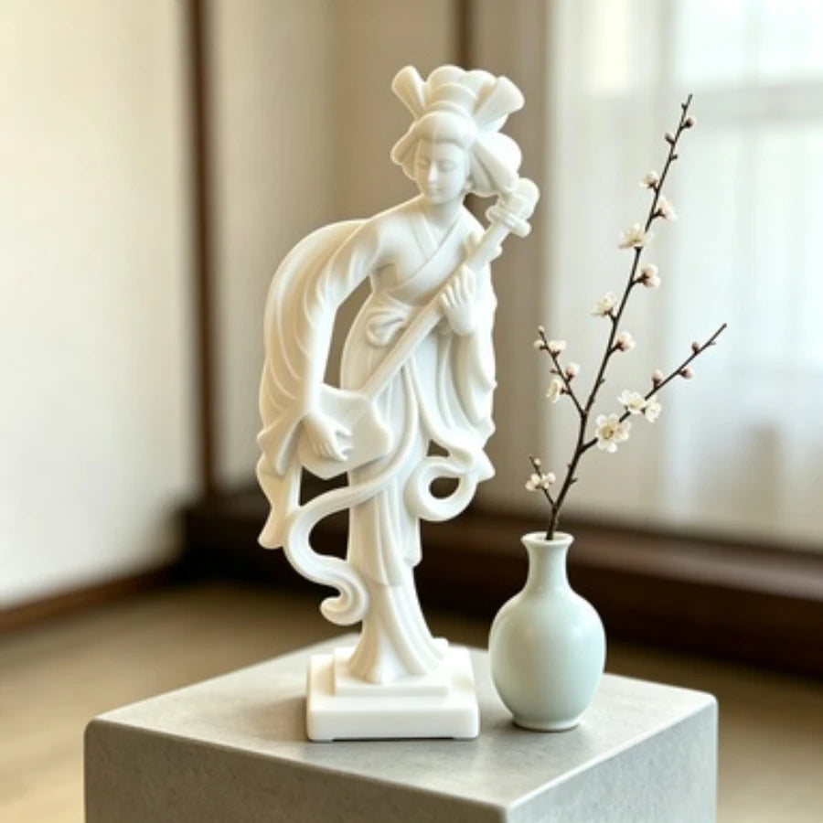 statue geisha blanche sculpture zen decoration intérieure artisanale ornement blanc plastique classique 13cm