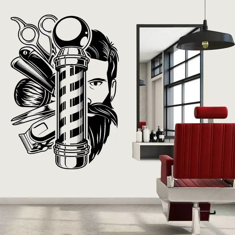 autocollant mural vintage coiffeur ciseaux peigne décoration salon cheveux fenêtre murOpaque Noir Blanc Outils