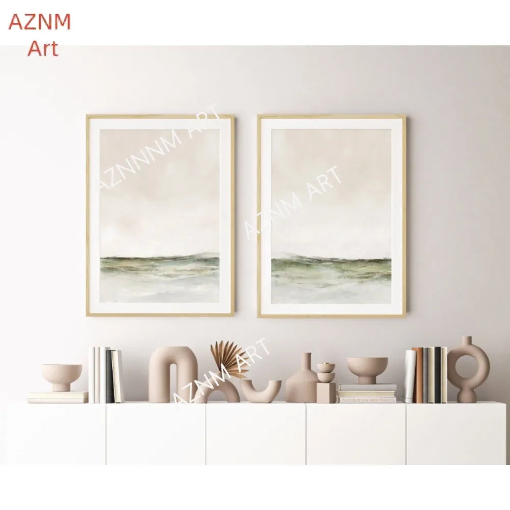 tableau abstrait minimaliste toile beige gris vert vague 40x50cm 30x40cm 20x30cm