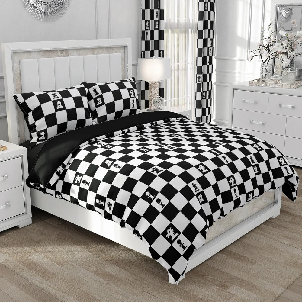 Vue rapprochée du motif à carreaux gris sur la housse de couette