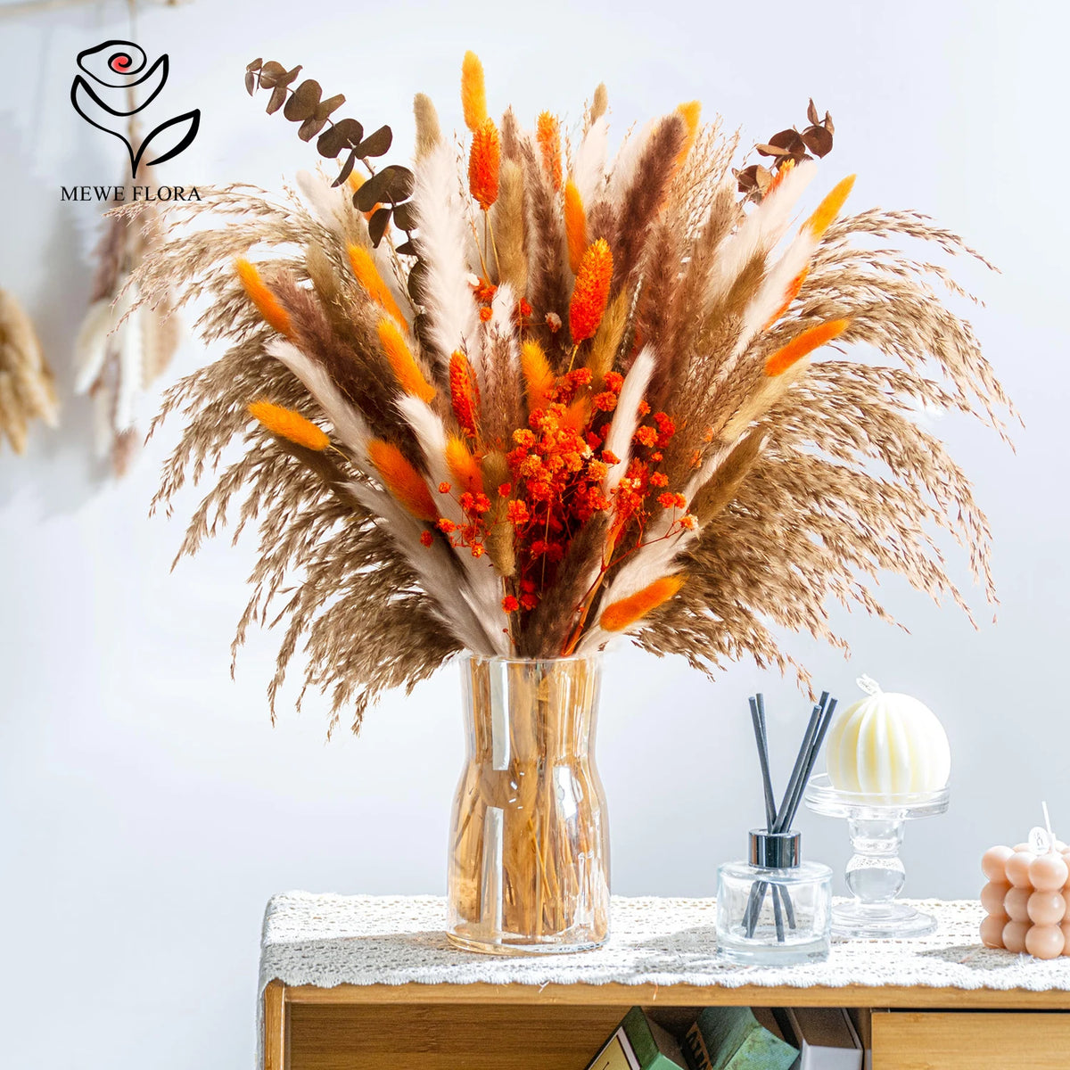 bouquet fleurs séchées pampas grass naturel rustique décoration table mariage anniversaire blanc beige orange
