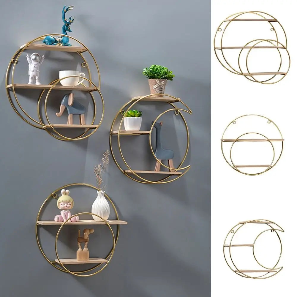 étagère murale or moderne anneaux circulaires métal accessoires décoratifs planchette bois