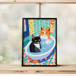 toile d'art illustration chats salle bain moderne bleu blanc motifs floraux