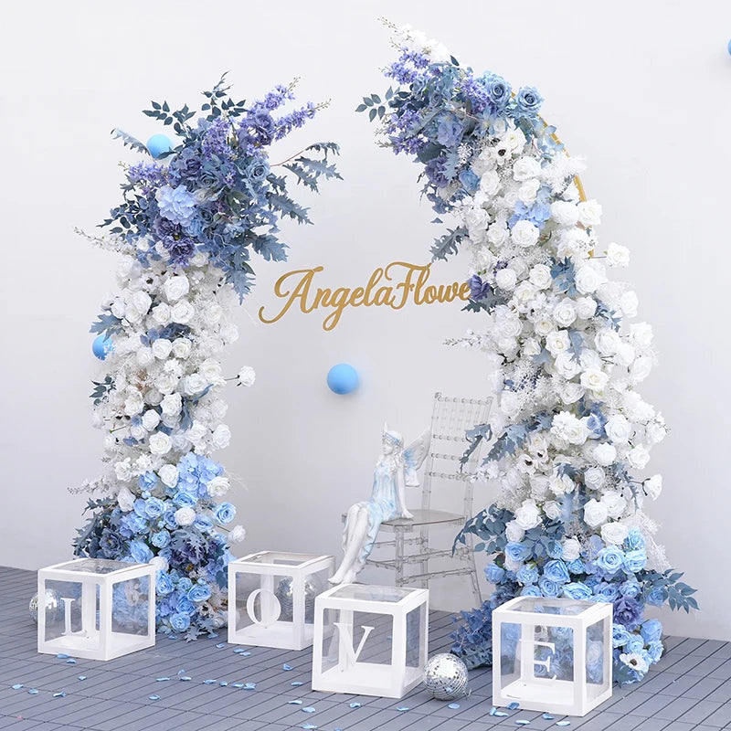 Arche décorative mariage fleurs artificielles bleu blanc vert feuillage classique festifextérieur