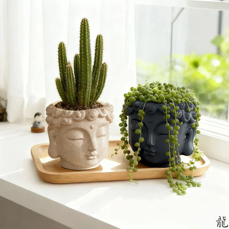 pots fleurs tête bouddha résine blanc gris texture moderne zen spiritualité