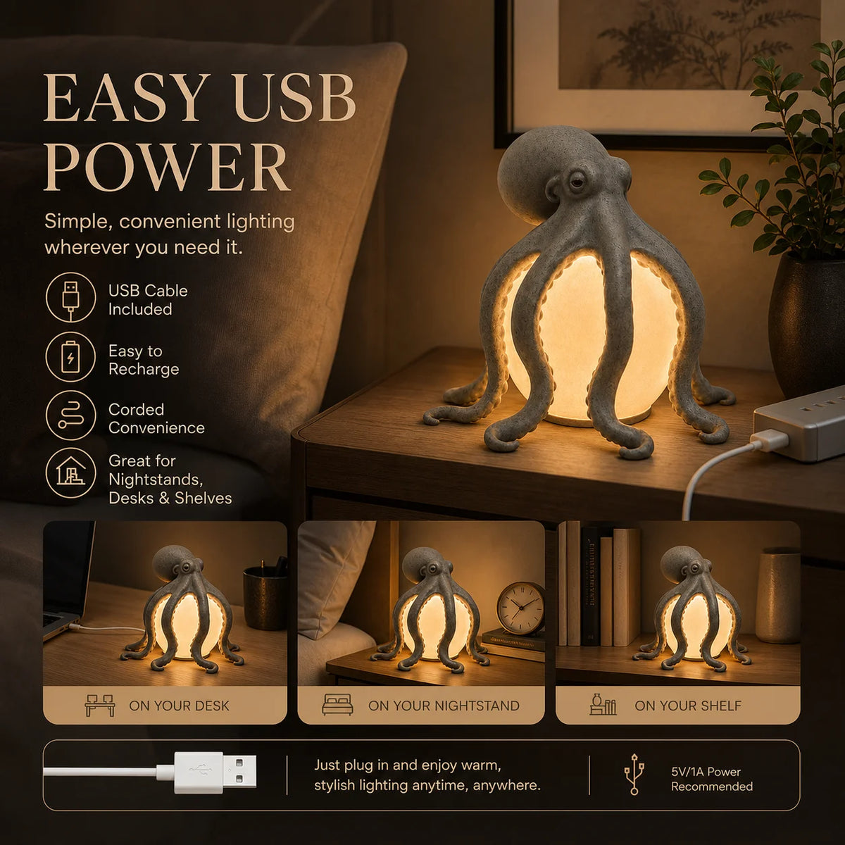 lampe table poulpe résine sculpturale led rechargeable usb gris noir blanc chambre
