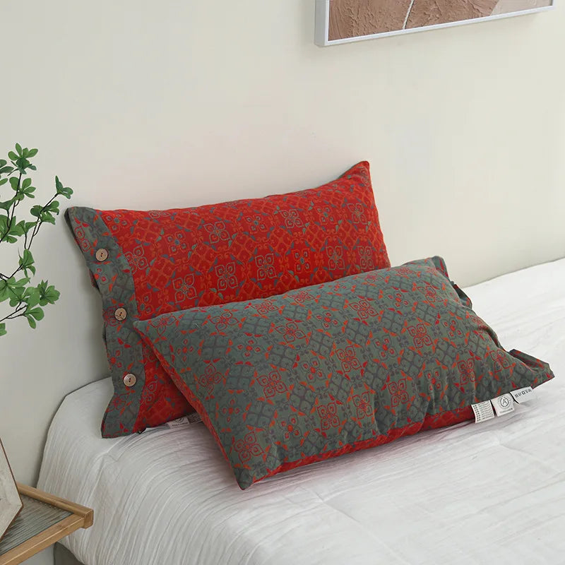 taies d'oreiller coton fleur vintage bleu orange gris décoration lit non toxique écologique