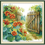 kit broderie points croix fleurs feuilles clôture paysage artisanal couleurs vives toile coton fils