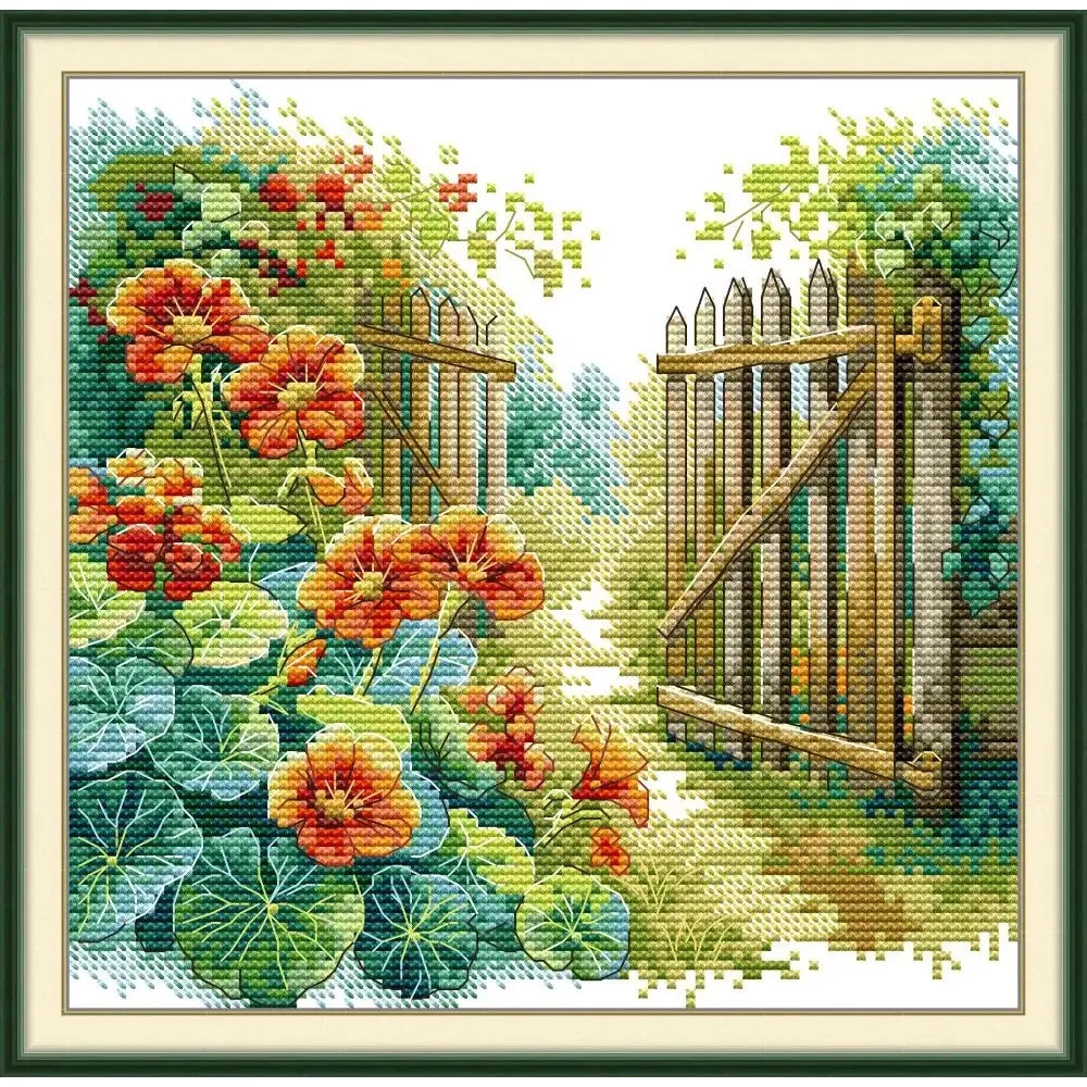 kit broderie points croix fleurs feuilles clôture paysage artisanal couleurs vives toile coton fils