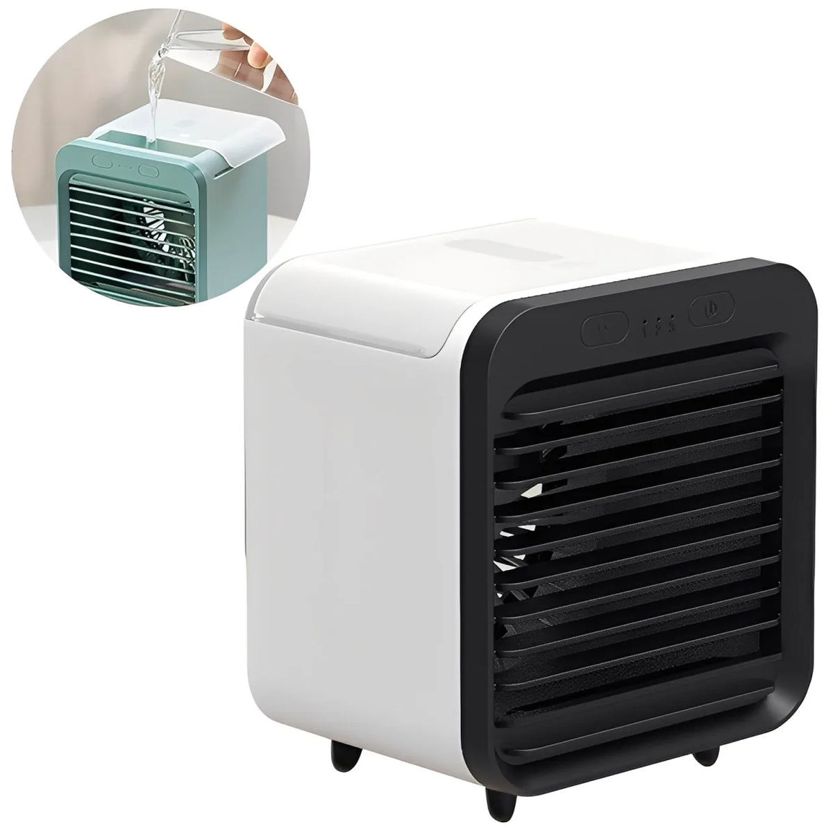 ventilateur portable moderne vert clair émettant air visible pastèque pamplemousse assise blanche minimaliste airflow