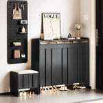 meuble entrée moderne noir panneaux verticaux lisses rangement tabouret coussin plaques mesure