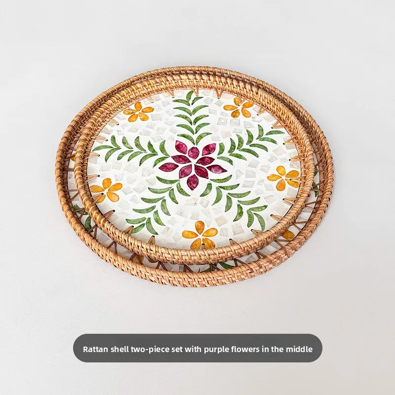 assiettes rotin naturel fleurs motifs floraux mosaïque traditionnel artisanal set deux