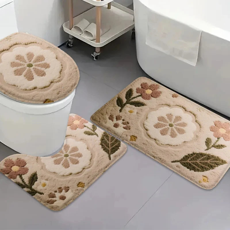 tapis toilette beige vert rose fleurs cactus motifs géométriques moderne antidérapant absorbant