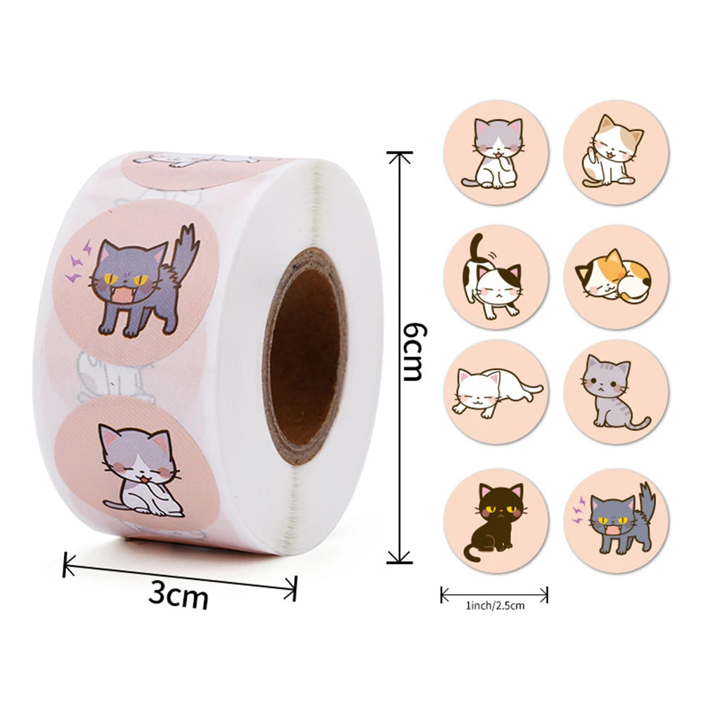 étiquettes autocollantes chats mignons cartoonaute collant papier roseclair noir gris blanc 1pouce 3cmx6cm rouleau