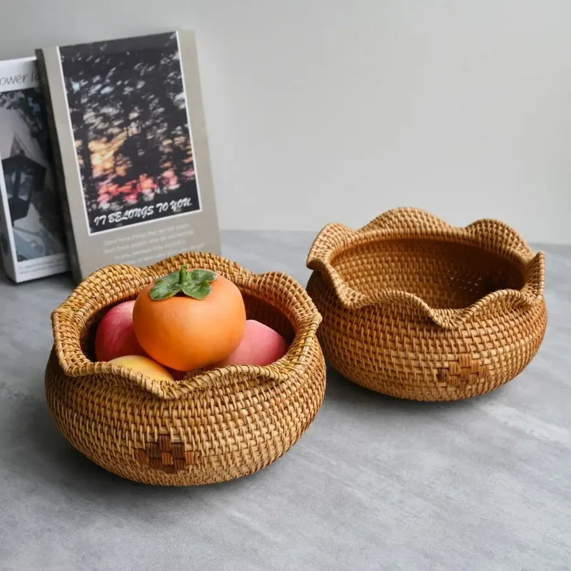 panier rangement osier marron clair motifs géométriques traditionnel fruits décoration maison rustic