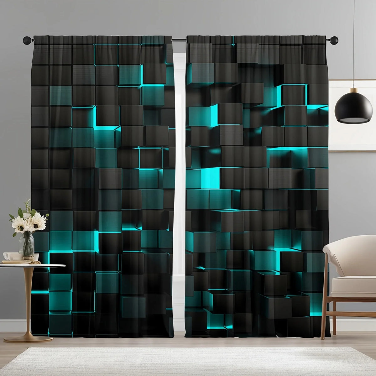 rideau moderne pièces cubes 3d noir bleu turquois polyester chambre salon