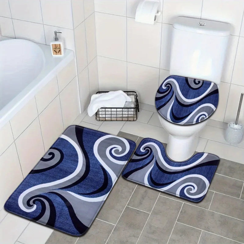 tapis bain moderne bleu marine gris blanc spirales abstraites antidérapants salle bain pièces