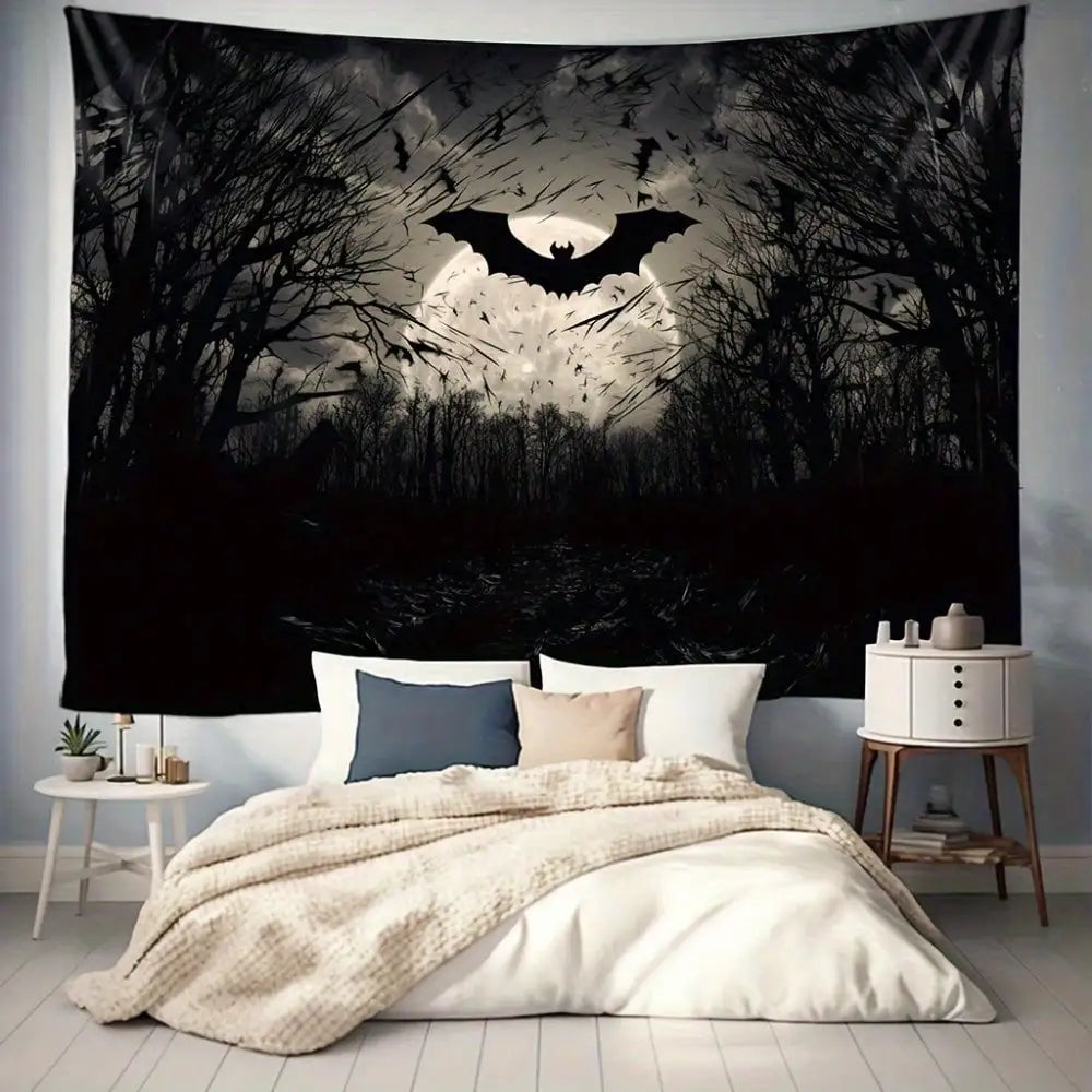 tapisserie murale silhouettes chauves souris nuit arbres dénudés noir blanc gris contemporaine