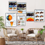 Posters éducatifs sur la géologie et la géographie, décorés d'une zone de confort avec des fauteuils en rotin et des plantes.