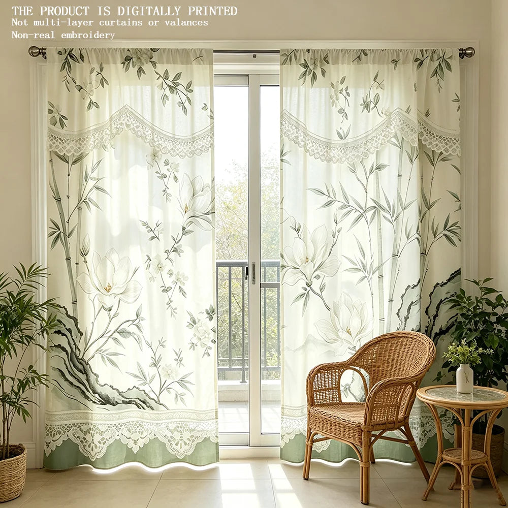 rideau imprimé fleurs feuilles dentelle semi transparent classique romantique salon anneaux métalliques polyester