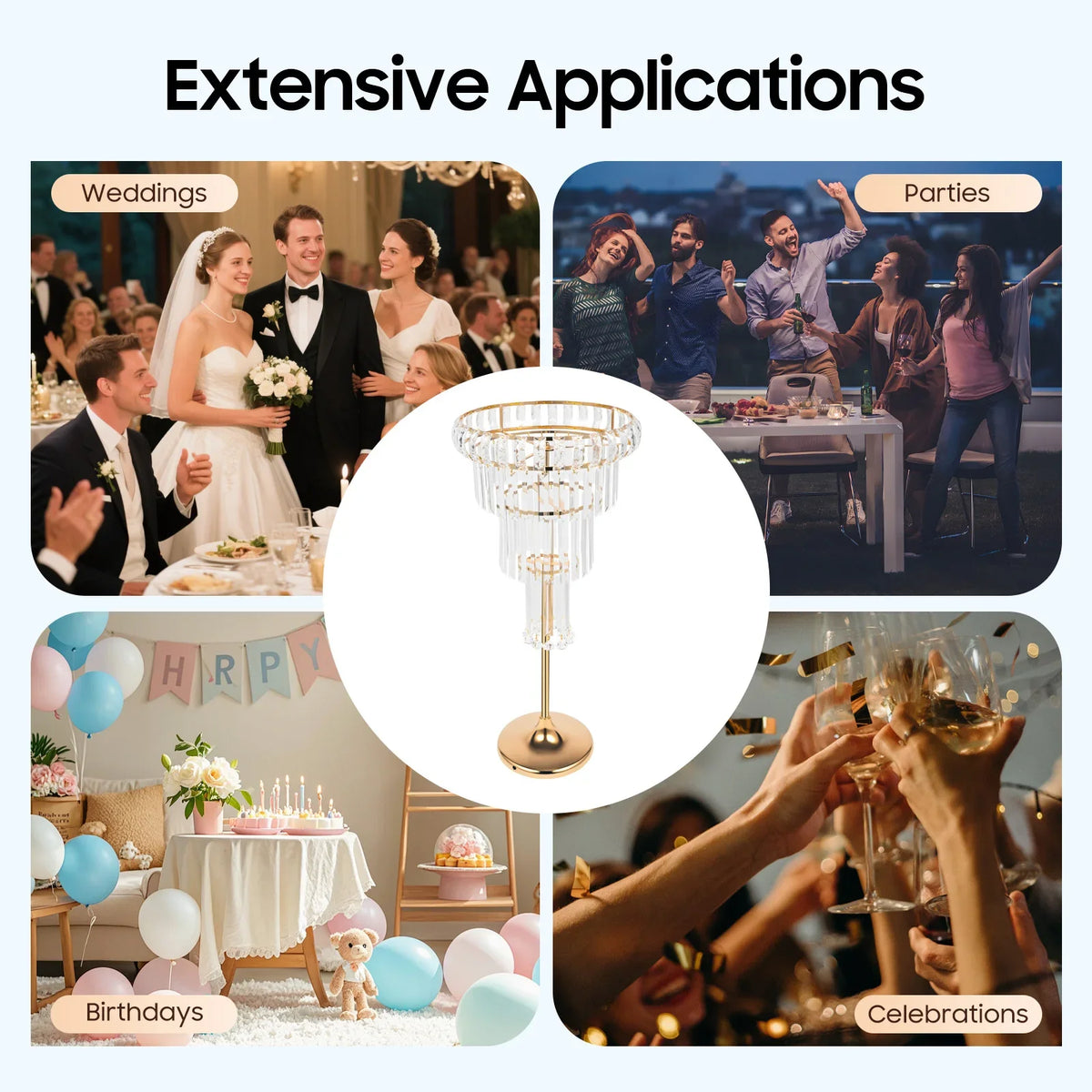 présentoir décoration transparent or blanc fleurs ballons bougies festif élégant mariageDecorationSupportFleursPendantsBrillants