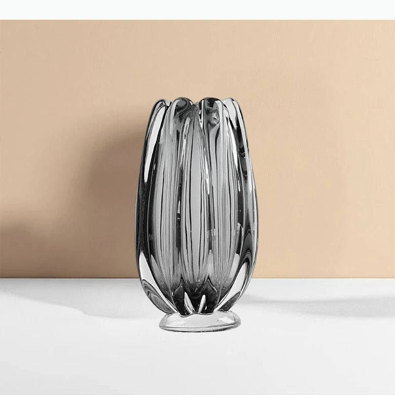 vases verre transparent gris fumé lignes gravées moderne minimaliste décoration table fleurs séchées