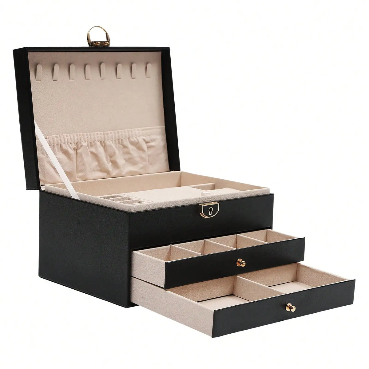 boîte bijoux cuir noir velours intérieur rangements classique poignées dorées bijoux organisation sécurité multifonctionnelle