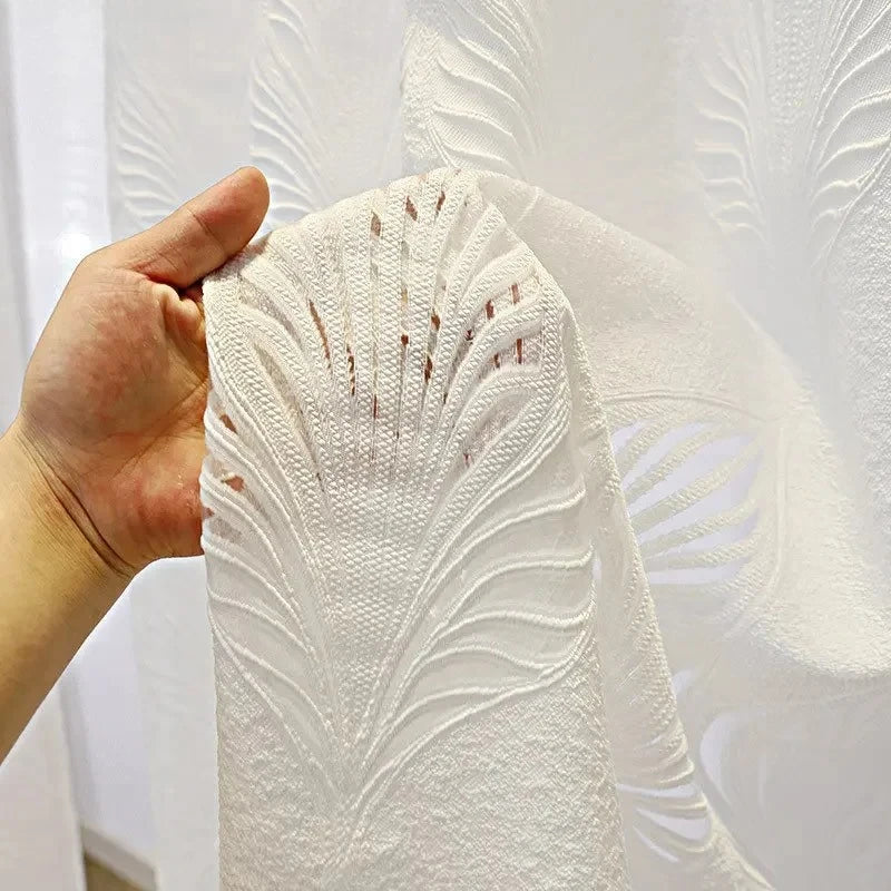 rideau blanc tulle translucide feuilles découpées moderne salon chambre décoration fenêtre anneaux classique