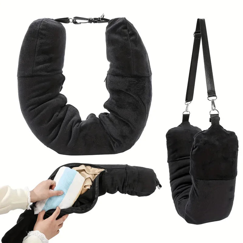 coussin voyage forme velours noir bleu marine ajustable confortable portable pliable sac rangement