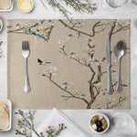 set table lin motif floral oiseaux vert beige blanc rose marron decoratif asiatique table