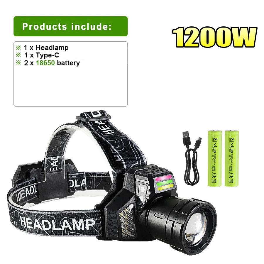 lampe frontale led rechargeable puissante 45w batterie 18650 camping pêche randonnée haute luminosité adjustable