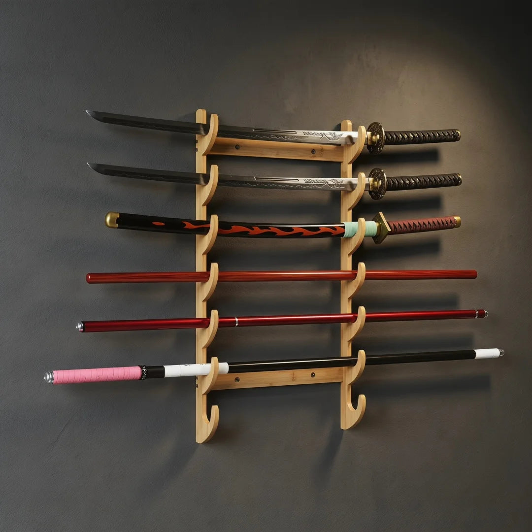 support mur épées sabres katanas japonais traditionnels deco épingle bois clips marronclair