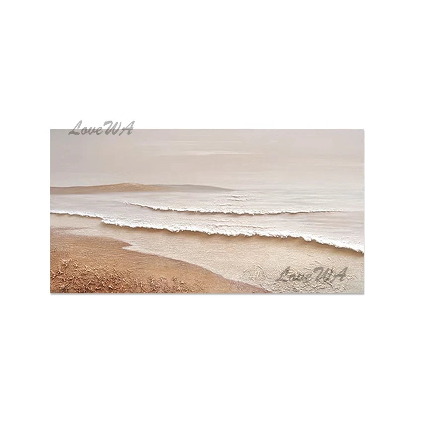 tableau abstrait paysage marin vagues sable moderne toile huile horizontal grand decoration beige gris