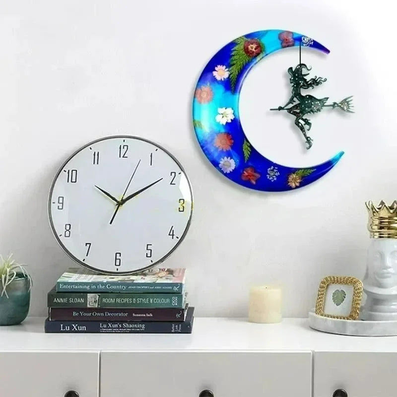 moules silicone horloge murale autocollants décoratifs moderne halloween floral sorcière balai