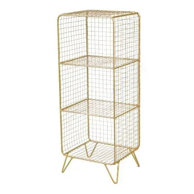 étagère moderne or gris métal maille trois niveaux livres plantes horloge lampe panier