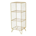 étagère moderne or gris métal maille trois niveaux livres plantes horloge lampe panier