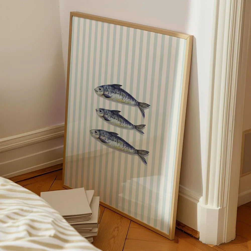 toile art murale dolce vita bikini bleu sardines plage rétro moderne cadre bois