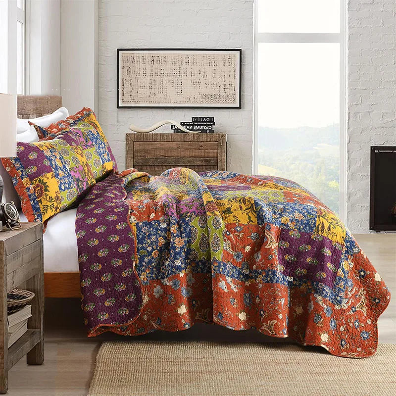 couvre lit patchwork floral boho chic violet orange bleu jaune marron king queen 223x269cm