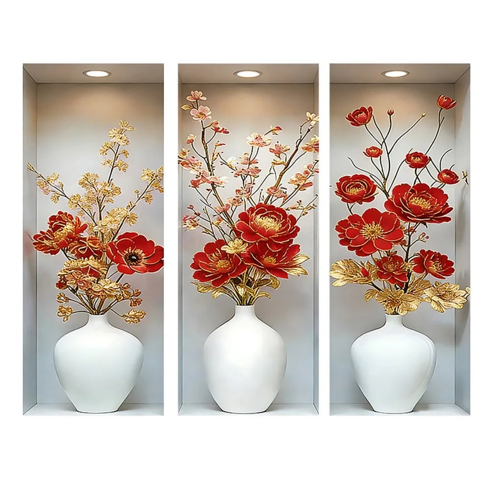 décoration murale autocollant pvc fleurs stylisées or argent blanc moderne élégant rouge bleu rose