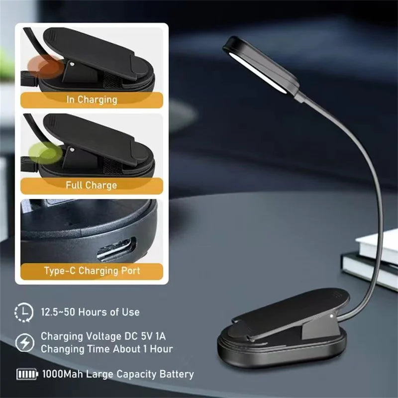 veilleuse lampe lecture nocturne rechargeable led bloque lumière bleue clip usb type noir moderne