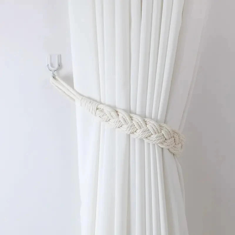 corde rideaux tressée gris clair bohème anneau métallique rustique fixations accessoires voilages