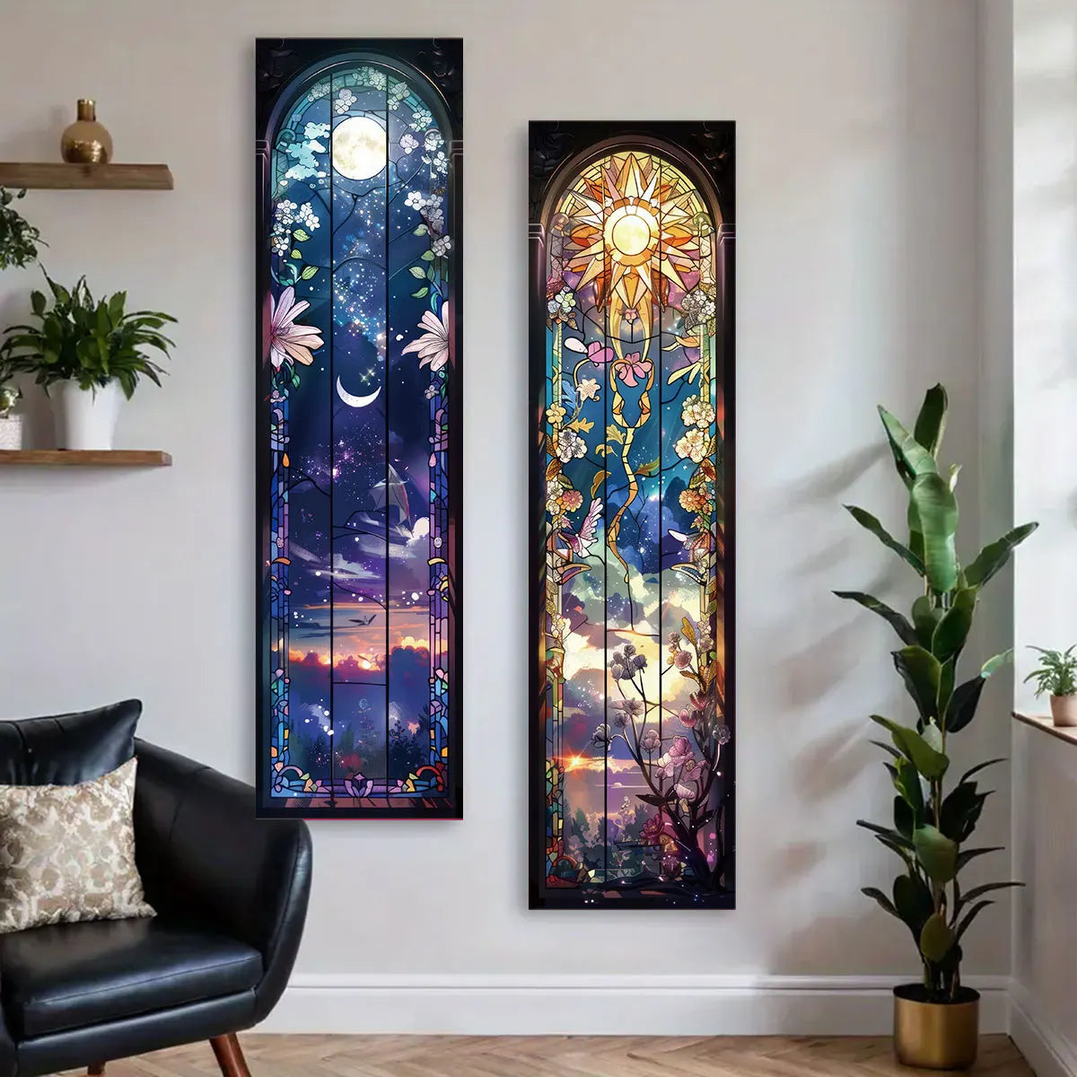 tapisserie murale décoration chambre rectangle floral paysage nocturne soleil étoiles bleu nuit violet rose