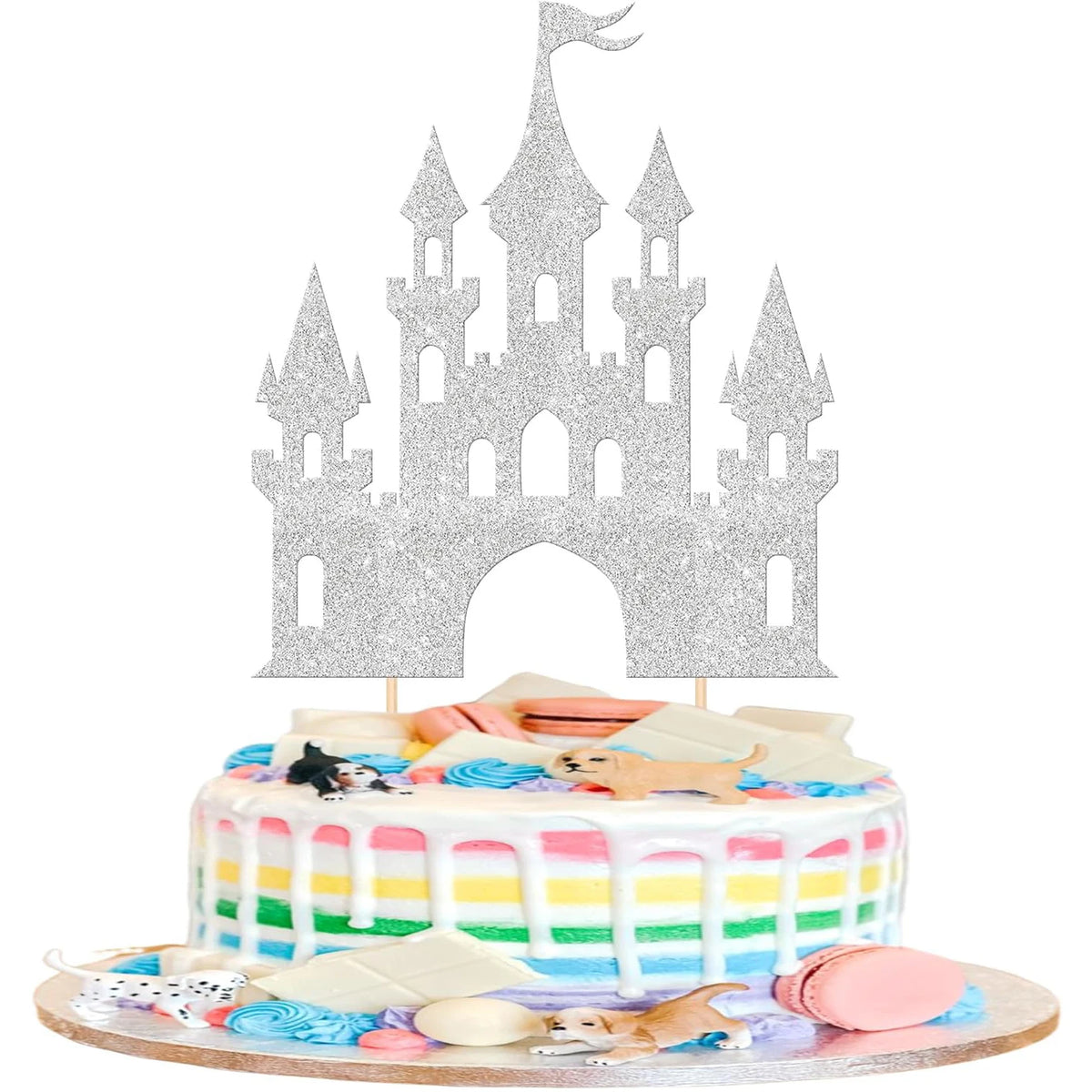 décoration gâteau château glitter princesse doré bleu rose anniversaire fête piquettes bambou