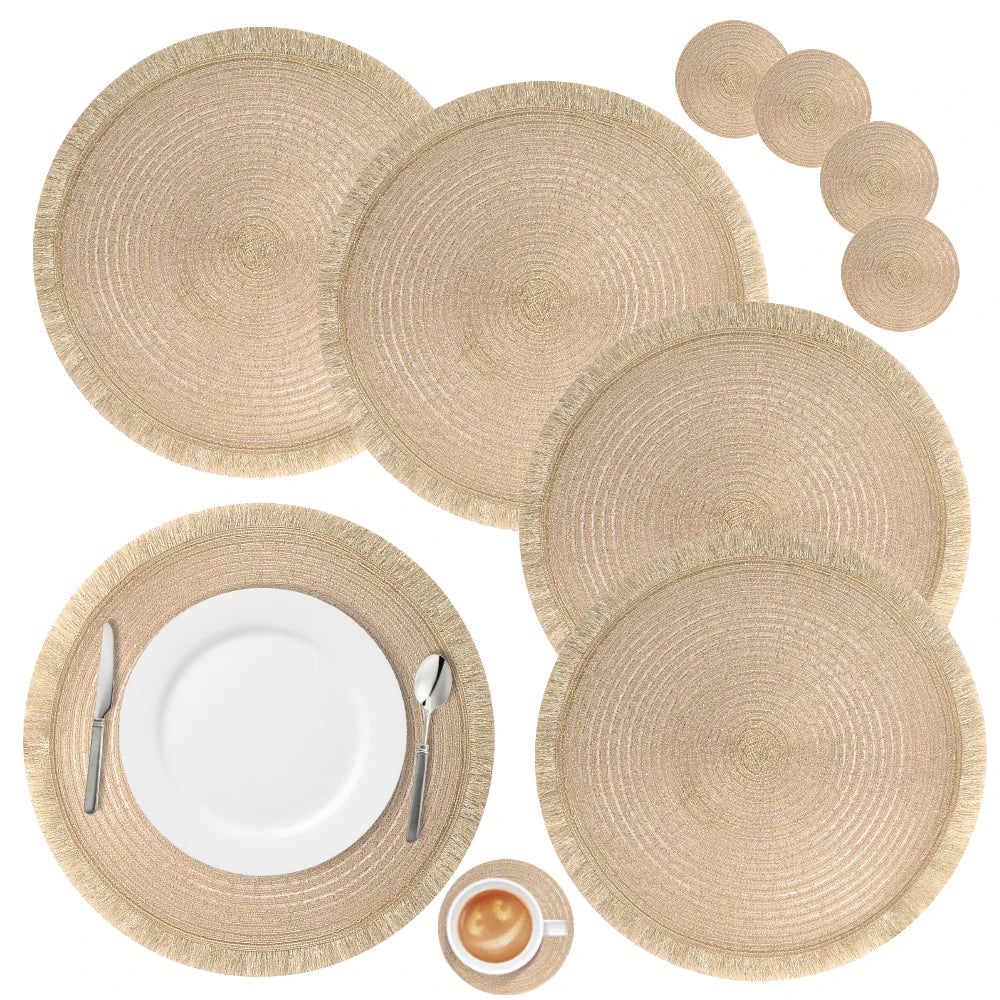 tapis table boho chic beige clair franges texture tissée sous verres ensembles sets deco