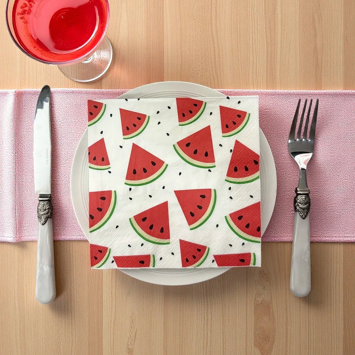 serviettes estivales pastelle motif pastèque blanc rouge festives pack 40 pièces