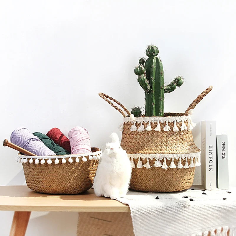 panier tissé paille naturelle boho blanc pompons poignées corde rangement