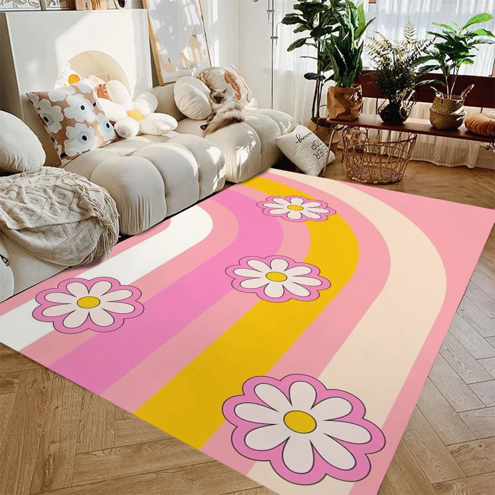 tapis sol moderne motif arc ciel beige rose doré chambre maison décoratif lavable