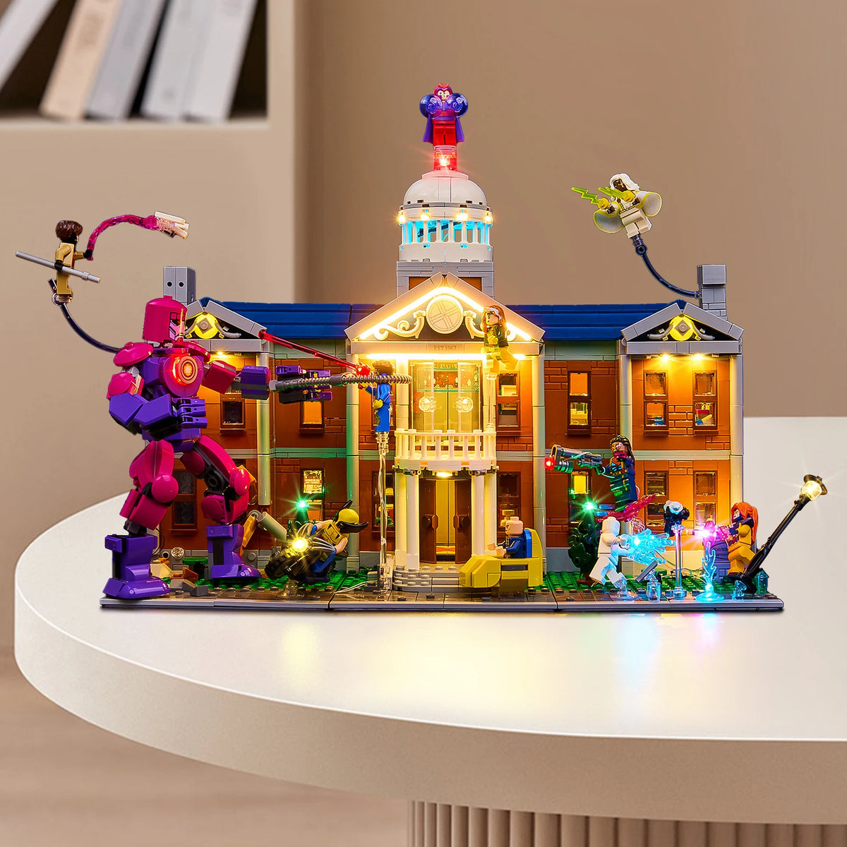 construction lego xmen maison lumineuse led marron blanc bleu verte rouge personnages details architecturaux