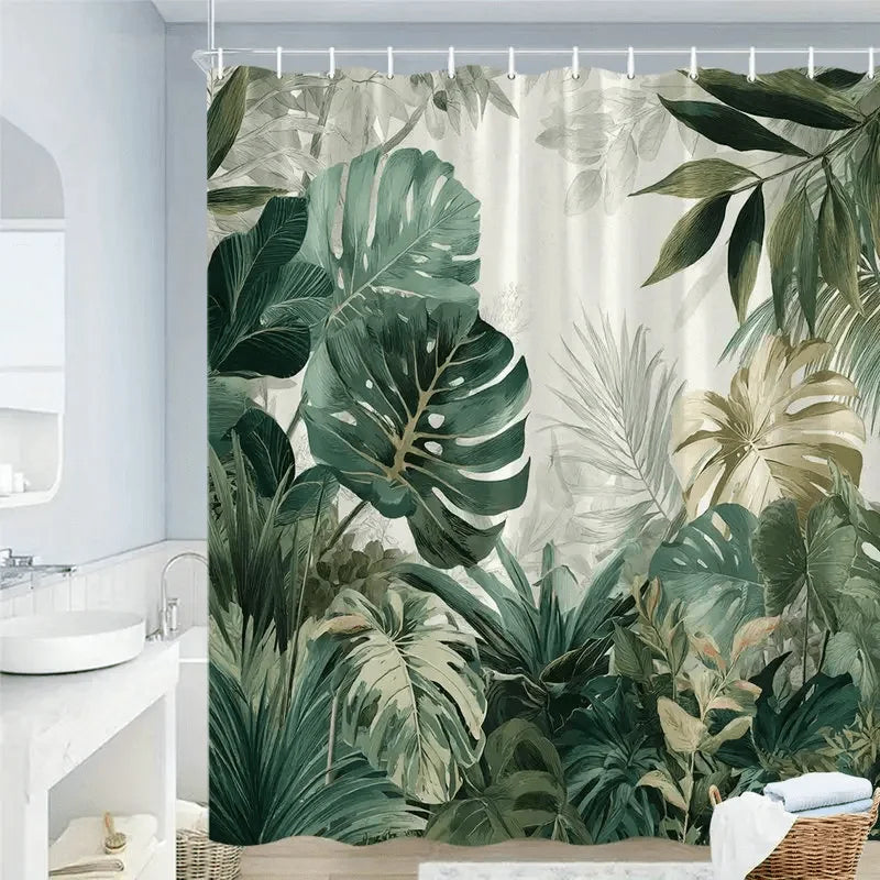 rideau douche feuilles tropicales moderne vert blanc opaque crochet douche grande taille jacquard polyester