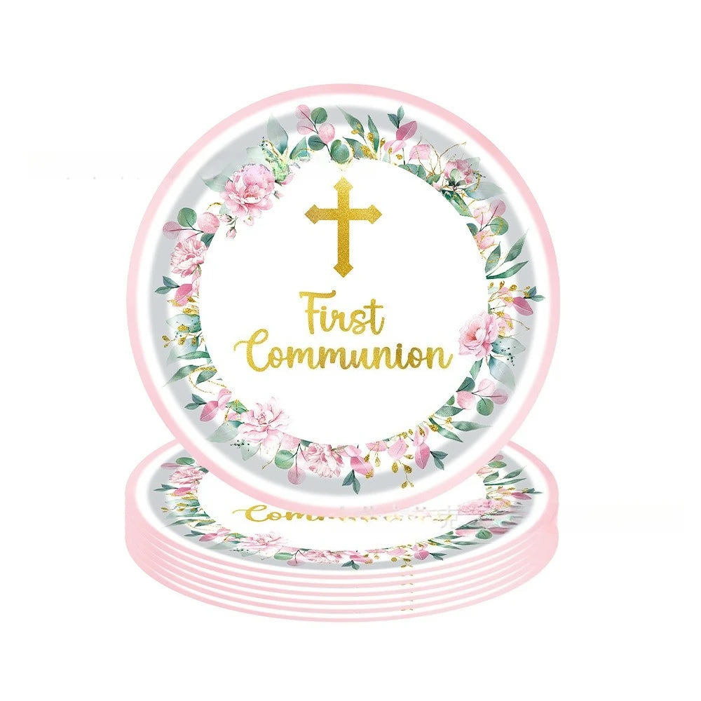 assiettes jetables thème eucharistique croix dorée fleurs mariage baptême anniversaire fêtes enfants